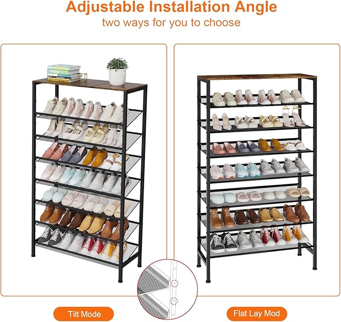 NEYCIL Large Shoe Rack 8 Tier Shoe Organizer, Heavy Duty Metal Shoe Storage Vertical Shoe Rack for Closet Front Door Entrance, Up to 28 Pairs, Top Wooden Storage Shelf, Black