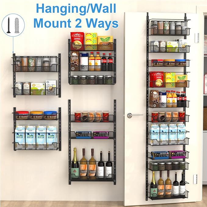 VyGrow Over the Door Pantry Organizer, 10-Tier Over the Door Organizer with Adjustable Basket, Door Organization for Pantry Kitchen Storage Room Spice Rack, Black