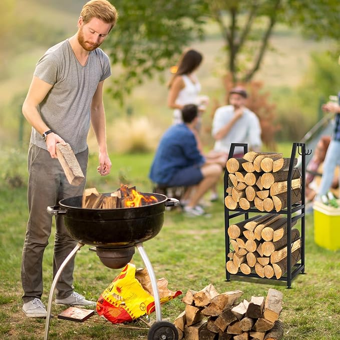 VyGrow Firewood Rack for Indoor, 2-Tier Firewood Holder with 3 Hanging Hooks, Heavy Duty Wood Rack for Outdoor Patio, Black