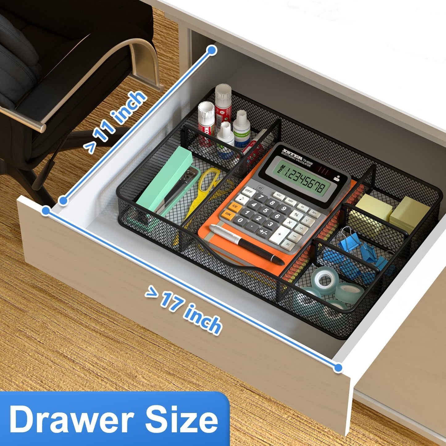 VyGrow Desk Drawer Organizer, Metal Mesh Drawer Organizer Tray with 6 Adjustable Compartment, Tray Organizer for Desktop, Kitchen, Bathroom, Makeup, Vanity - 14.5x8.8x1.96 inch, Black, 1PC Large