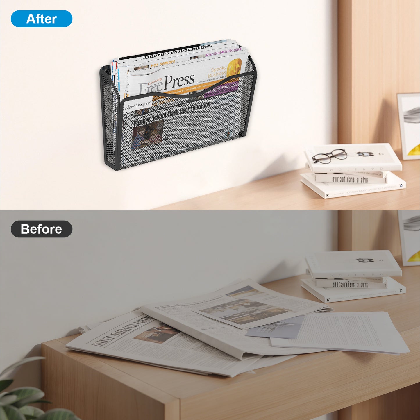 BOHDK Wall File Organizer, Mesh Hanging File Organizer, Home Office Organization and Storage, 6 Single Pockets Document Magazine Rack