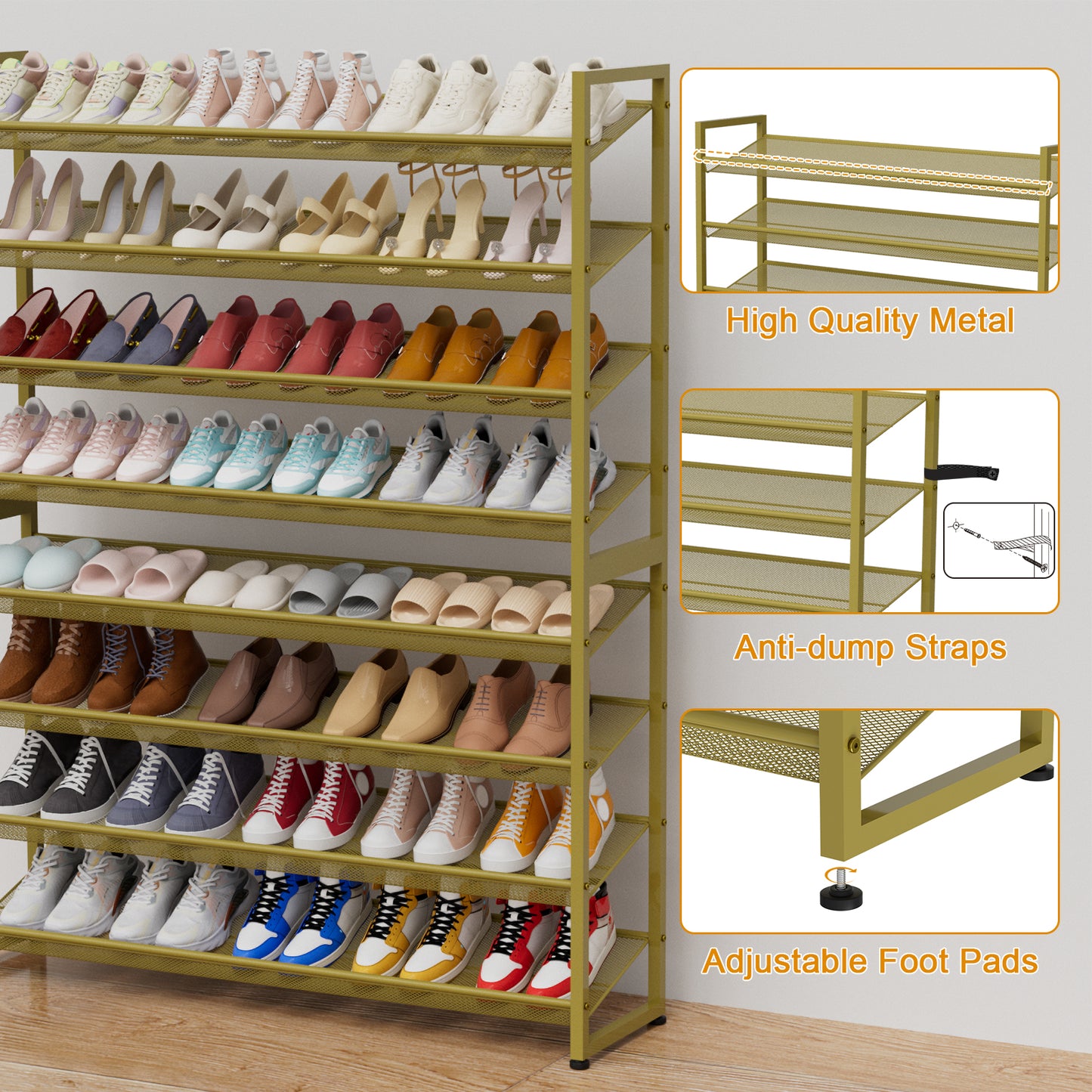 Large Shoe Rack 8 Tier Shoe Organizer, Heavy Duty Metal 4-Tier Stackable Shoe Storage Vertical Shoe Rack for Closet Front Door Entrance, Up to 50 Pairs, 44.8" W x 11.4" D x 56.7" H, Gold