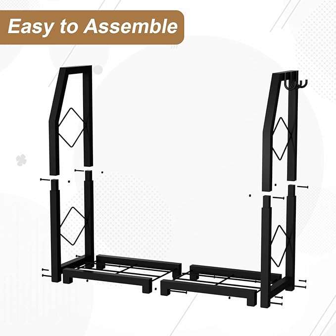 VyGrow Firewood Rack for Outdoor, Firewood Holder with 3 Hanging Hooks, Heavy Duty Wood Rack for Indoor Outdoor Patio, Black