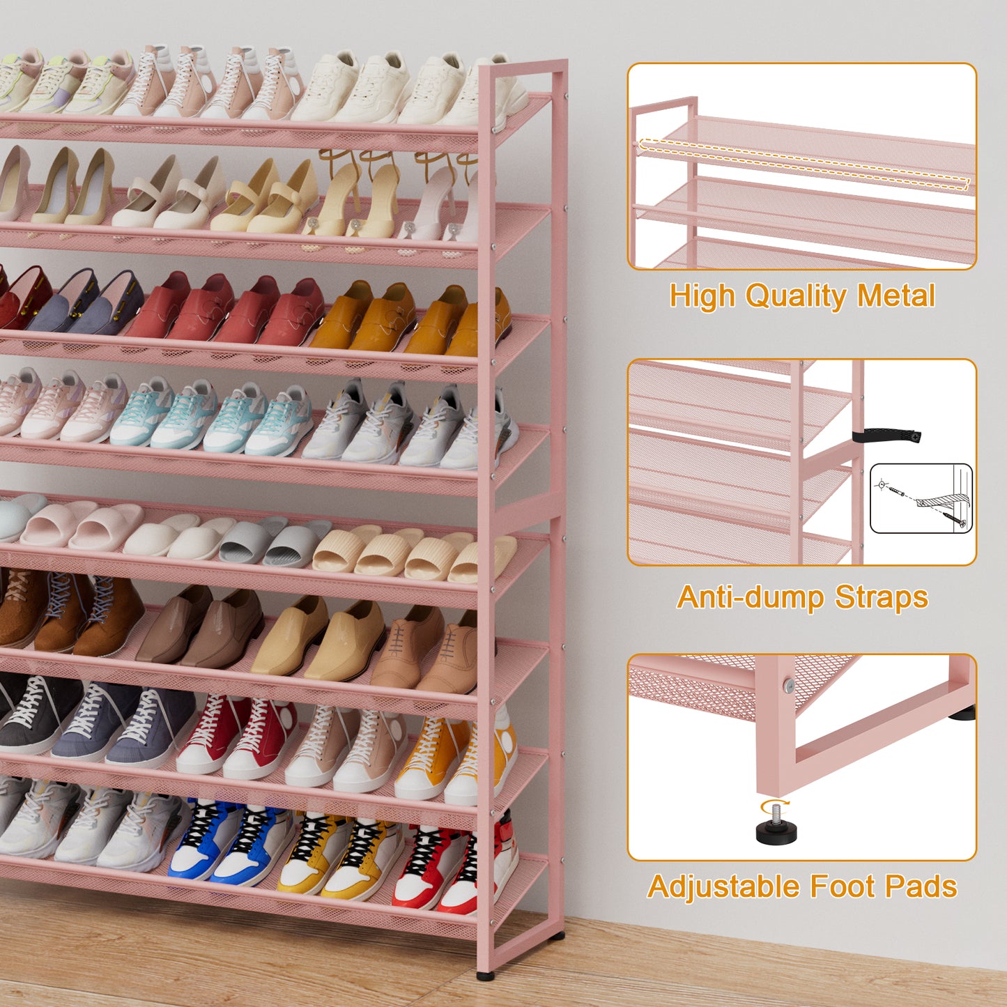 Large Shoe Rack 8 Tier Shoe Organizer, Heavy Duty Metal 4-Tier Stackable Shoe Storage Vertical Shoe Rack for Closet Front Door Entrance, Up to 50 Pairs, 44.8" W x 11.4" D x 56.7" H, Pink
