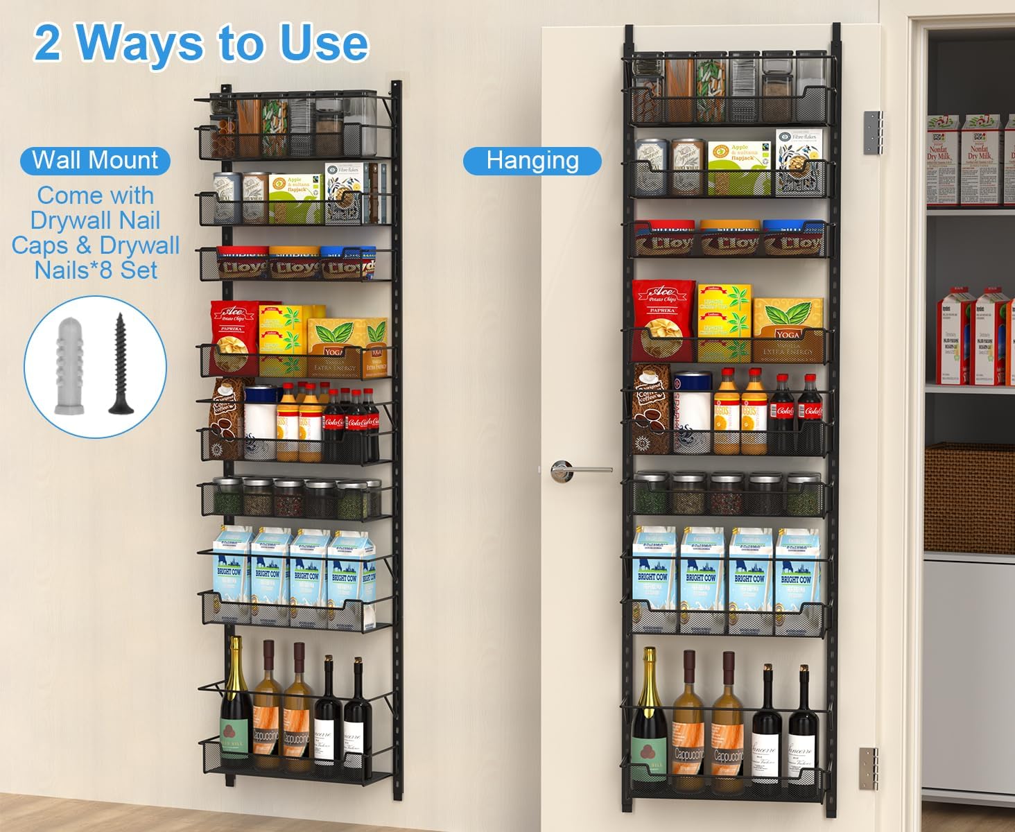 VyGrow Over the Door Pantry Organizer, 8-Tier Over the Door Organizer with Adjustable Basket, Pantry Door Organization for Pantry Kitchen Storage Room Spice Rack, Black