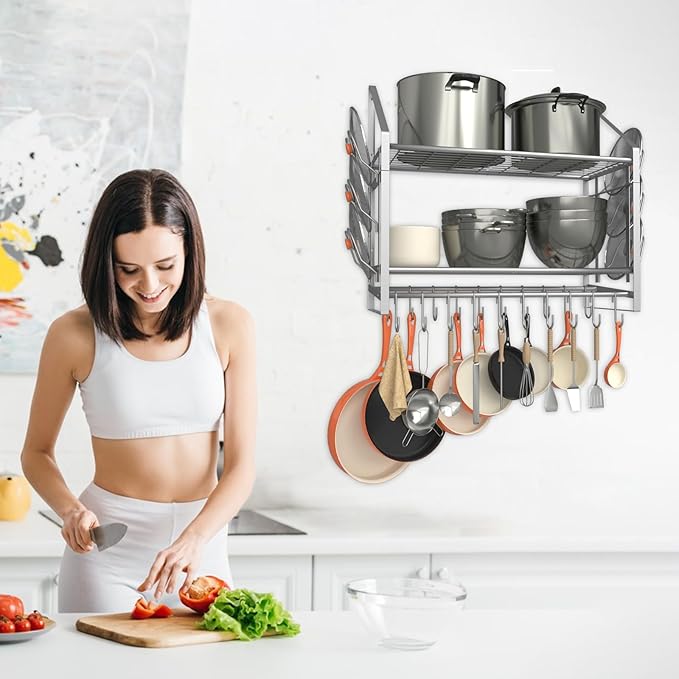 VyGrow 28 Inch Pot Rack Wall Mounted, 2 Tier Pots and Pans Organizer with 20 Hooks and 6 Pot Lid Holders, Heavy Duty Steel Pot and Pan Hanger for Kitchen Cookware Utensils Storage, Silver