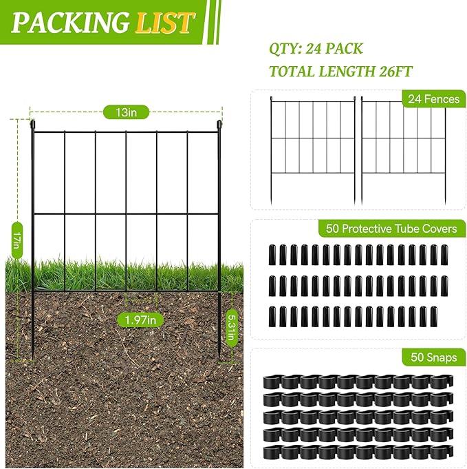 NEYCIL Garden Fence Tall 32in(H) x 13ft(L), 24 Panels Stackable Animal Barrier, Metal Garden Fencing 17in(H) x 26ft(L), Decorative No Dig Fence Rectangle Border for Garden, Yard, Patio, Outdoor, Black