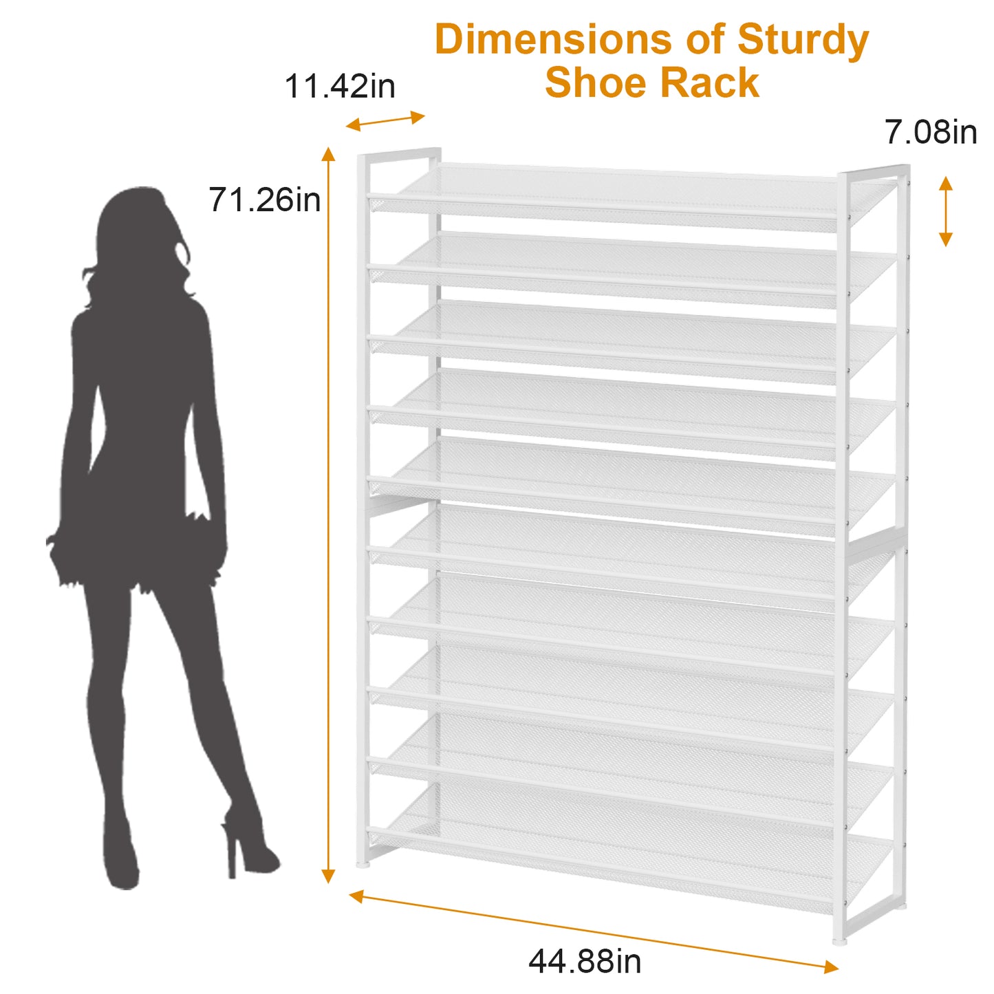 Large Shoe Rack 10 Tier Shoe Organizer, Heavy Duty Metal 5-Tier Stackable Shoe Storage Vertical Shoe Rack for Closet Front Door Entrance, Up to 62 Pairs, 44.8" W x 11.4" D x 71.2" H, White