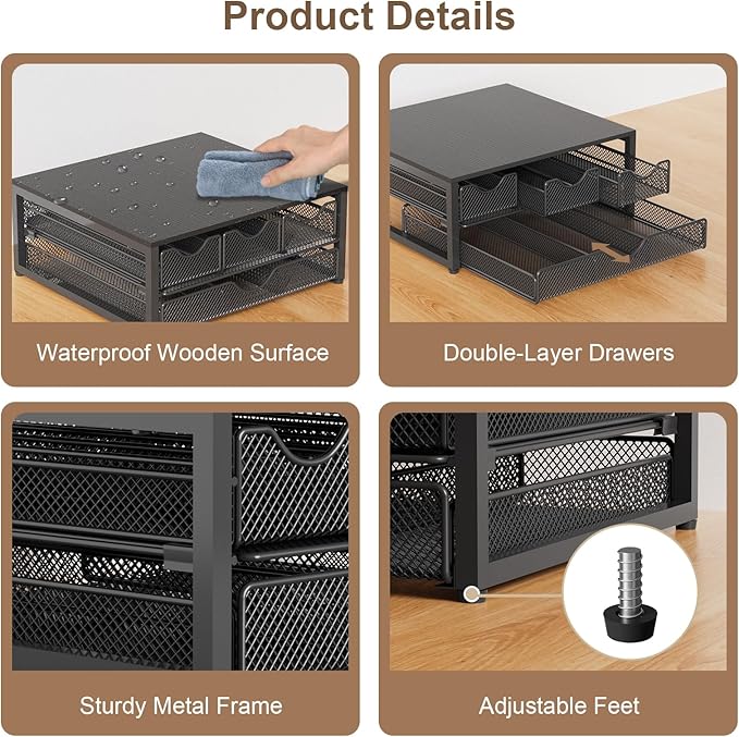 NEYCIL Coffee Pod Holder For Counter, 3 Pull-Out 72 K-Cup Holder Drawer, Wooden Cafe Pods Storage Organizer with Sliding Drawers for Coffee Station, Home, Kitchen, Office, Dorm, Black