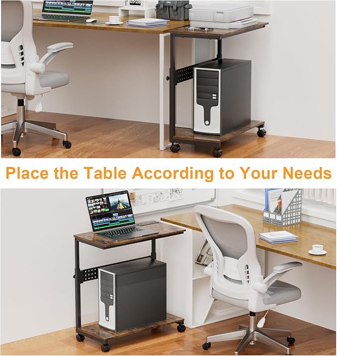 NEYCIL Computer Tower Stand with Charging Station, Height Adjustable 2-Tier CPU Stand with Power Strip and USB Ports, PC Tower Cart with Wheels and Printer Shelf, Rustic Brown and Black