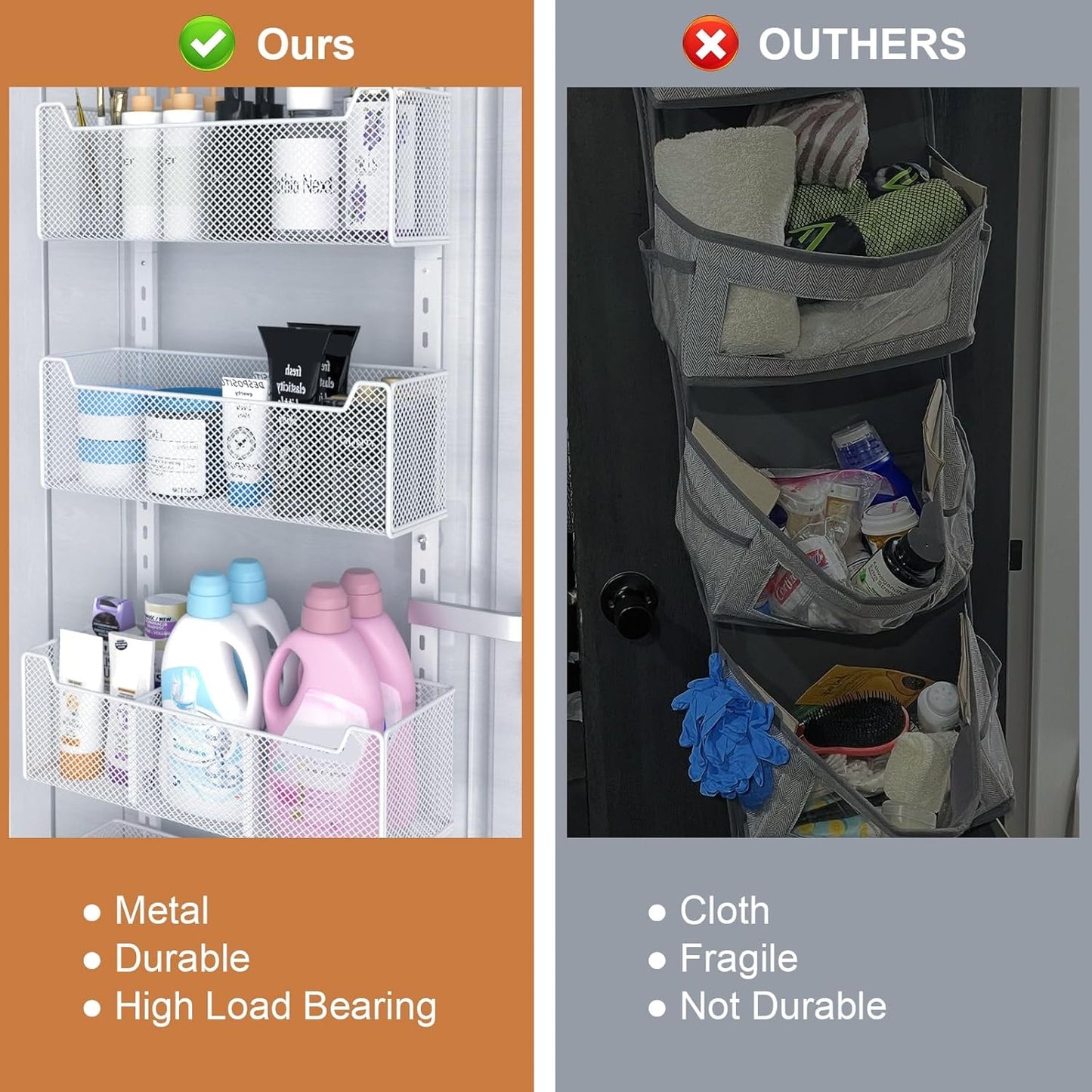 VyGrow Over The Door Organizer, Metal Door Organizer Hanging with 5 Adjustable Baskets and Coat Hook, Behind The Door Storage for Bedroom Closet Bathroom Pantry Cabinet Kitchen, White