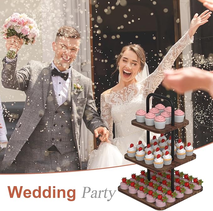 VyGrow Cupcake Stand, 3-Tier Dessert Stand for 32 Cupcakes, Wood & Metal Tower Display Premium Holder Dessert Tree Tower for Wedding Graduation Birthday Christmas Party, Serving Tray