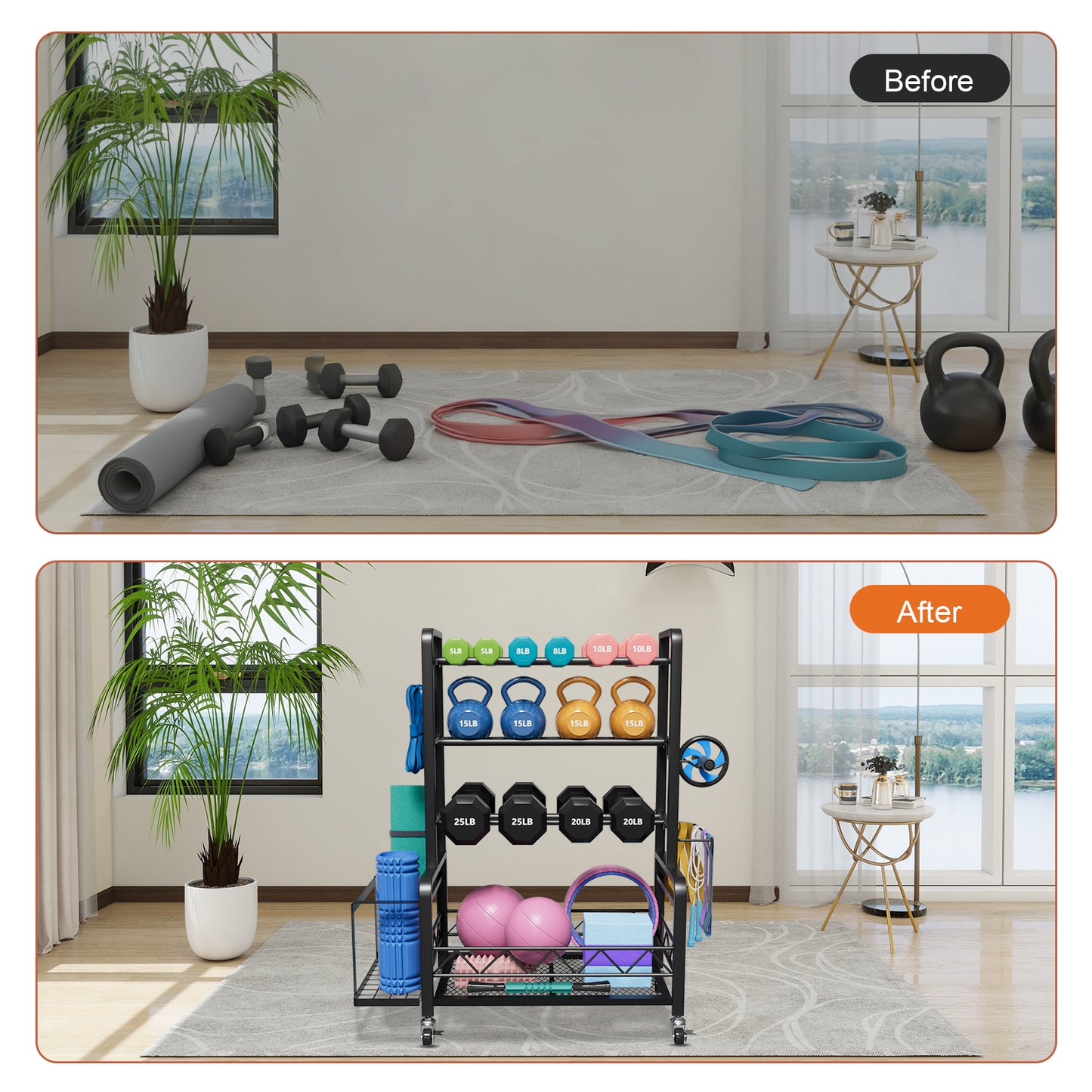 Dumbbell Rack, Adjustable Weight Rack for Home Gym, Metal Weight Stand for Dumbbells, Kettlebells, Yoga Gear, Multipurpose Workout Equipment Storage with 4 Wheels, Basket, Hooks, Black