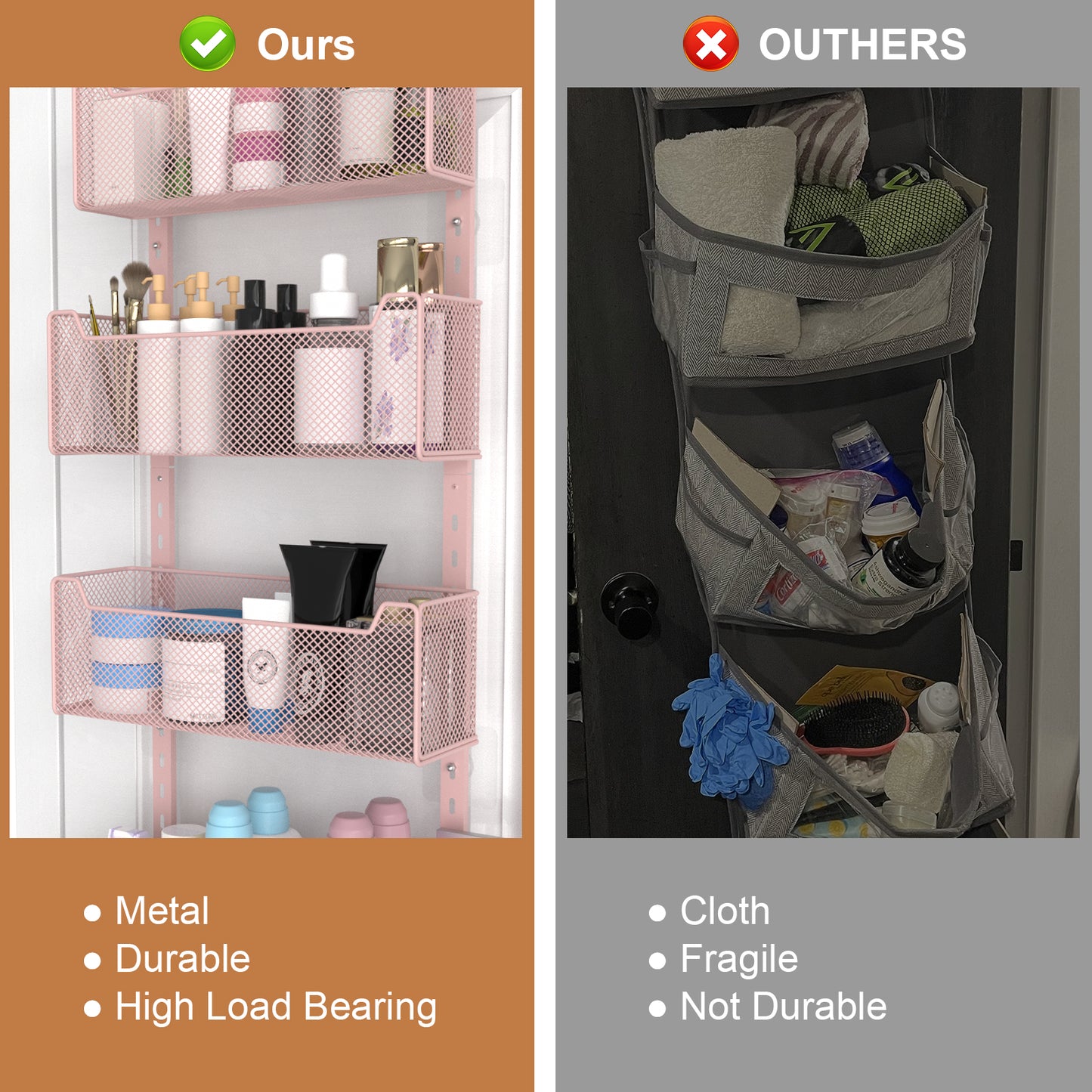 VyGrow Over The Door Organizer, Metal Door Organizer Hanging with 5 Adjustable Baskets and Coat Hook, Behind The Door Storage for Bedroom Closet Bathroom Pantry Cabinet Kitchen, Pink