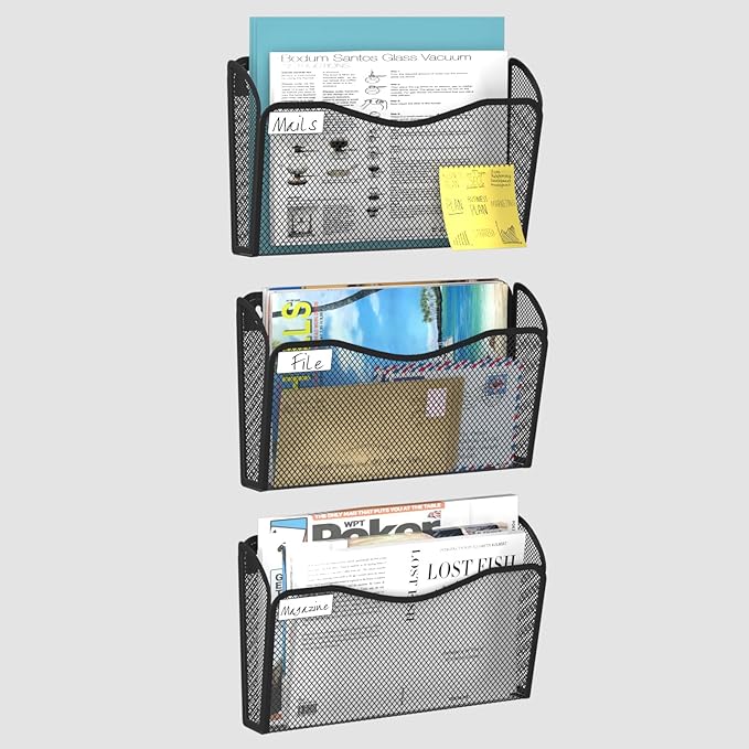 BOHDK Wall File Organizer, Mesh Hanging File Organizer, Home Office Organization and Storage, 3 Single Pockets Document Magazine Rack