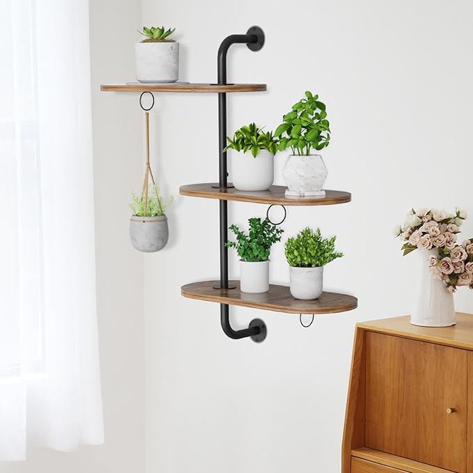 VyGrow Rotating Window Plant Shelves with 3 Anti-slip Mats, 3 Tier Plant Stand Indoor Outdoor, Wooden Window Plant Shelf with 3 Circle Hook, Hanging Plant Holder for Window, Potted Plants, Flowerpots