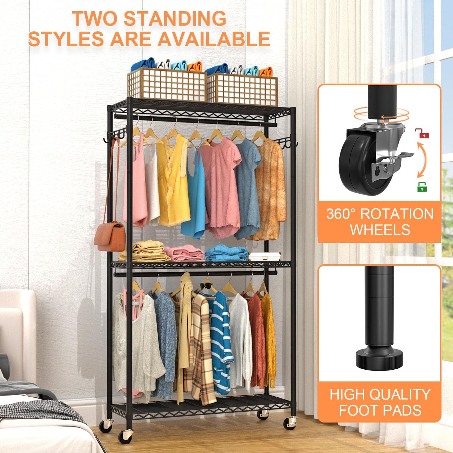 VyGrow Clothes Rack, Clothing Racks for Hanging Clothes, 3 Tiers Adjustable Garment Rack with Wheels | Double Rods | Side Hooks | Heavy Duty | Load 445lbs | 15.7" D x 35.43" W x 78.34" H | Black