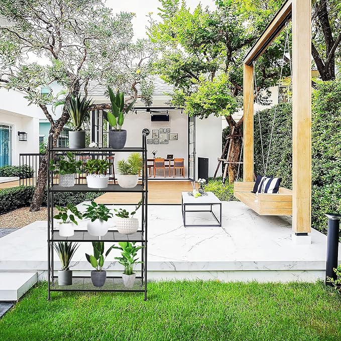 VyGrow Plant Stand, 4 Tier Plant Shelf for Indoor Outdoor, Heavy Duty Metal Tall Plant Stands Holder Rack for Living Room Balcony and Garden, Black