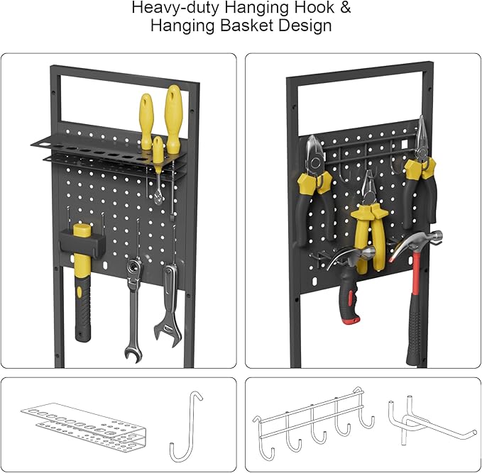 NEYCIL Power Tool Organizer Cart with Charging Station, Heavy Duty Garage Tool Organizer Rolling Tool Battery Storage with 8-Outlet Power Strip, 4 Wheels, 2 Hanging Baskets, 8 Hooks, Drill Bit Holder, Black