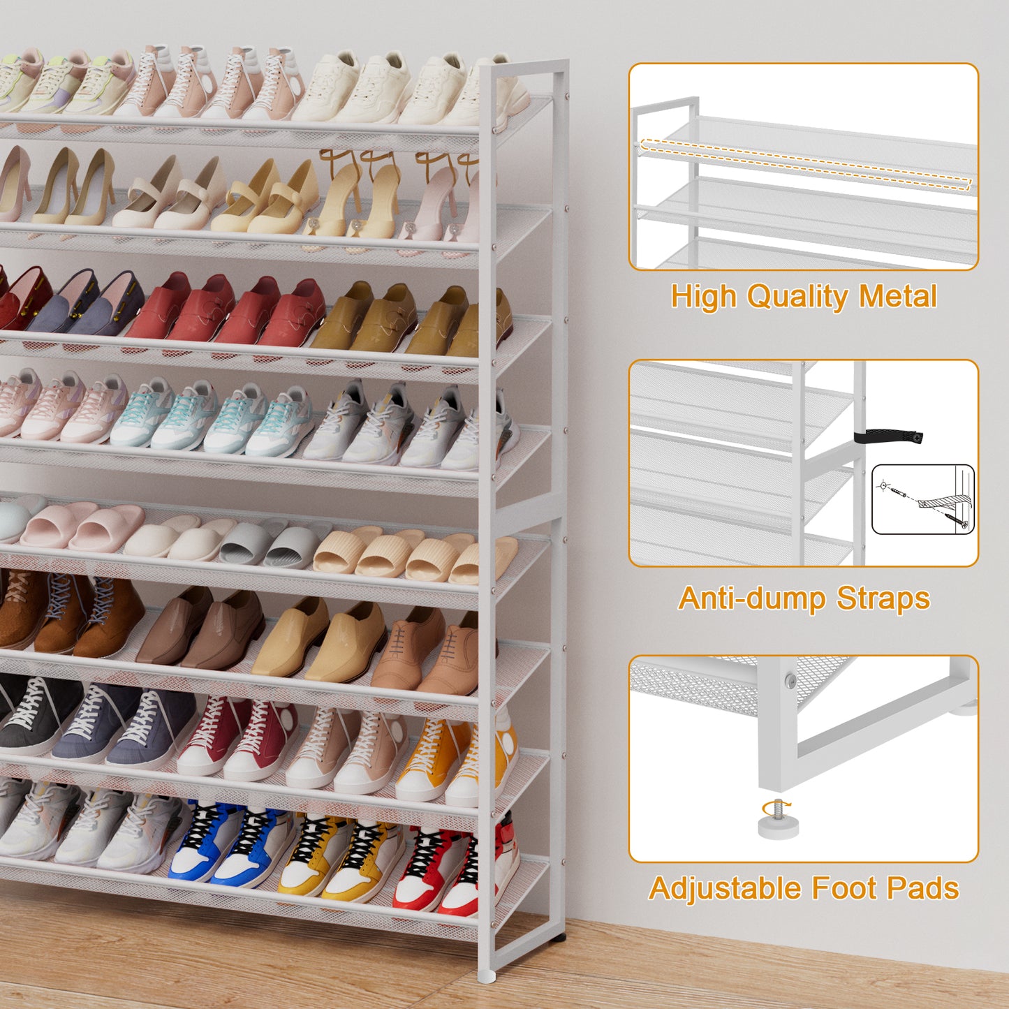 Large Shoe Rack 8 Tier Shoe Organizer, Heavy Duty Metal 4-Tier Stackable Shoe Storage Vertical Shoe Rack for Closet Front Door Entrance, Up to 50 Pairs, 44.8" W x 11.4" D x 56.7" H, White