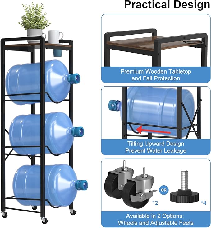 NEYCIL 5 Gallon Water Jug Holder, Heavy Duty Water Jug Stand with Lockable Wheels, 3-Tier Water Jug Rack With Wooden Tabletop for Home, Office, Kitchen, Restaurant