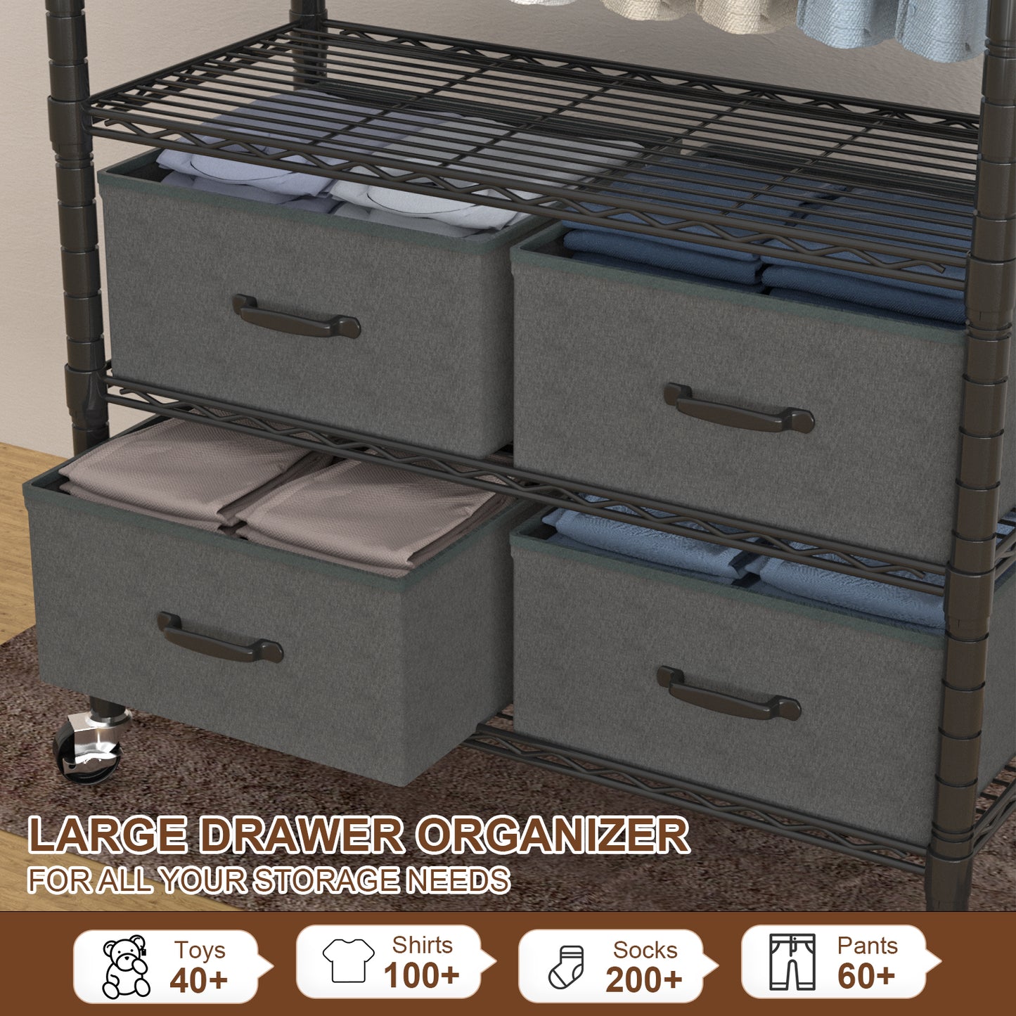 VyGrow Clothes Rack, Heavy Duty Clothing Rack for Hanging Clothes, 4-Tier Adjustable Closet Organizer with 4 Drawers | Hanging Rod | Side Hooks | Load 445lbs | 15.7" D x 35.4" W x 74.1" H