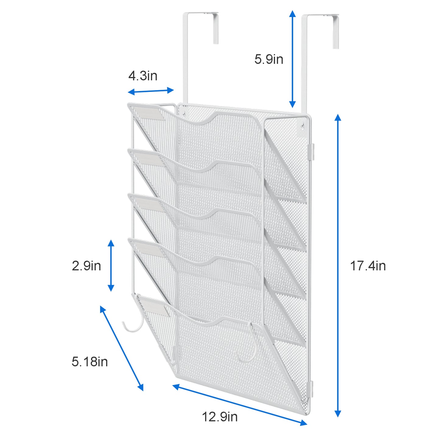 Wall File Organizer, Hanging File Folder Organizer, Vertical Mesh Metal Door/Wall Mount Hanging File Holder. Paper Document Magazine Rack with Hooks for Home Office Black (5 Pockets White)