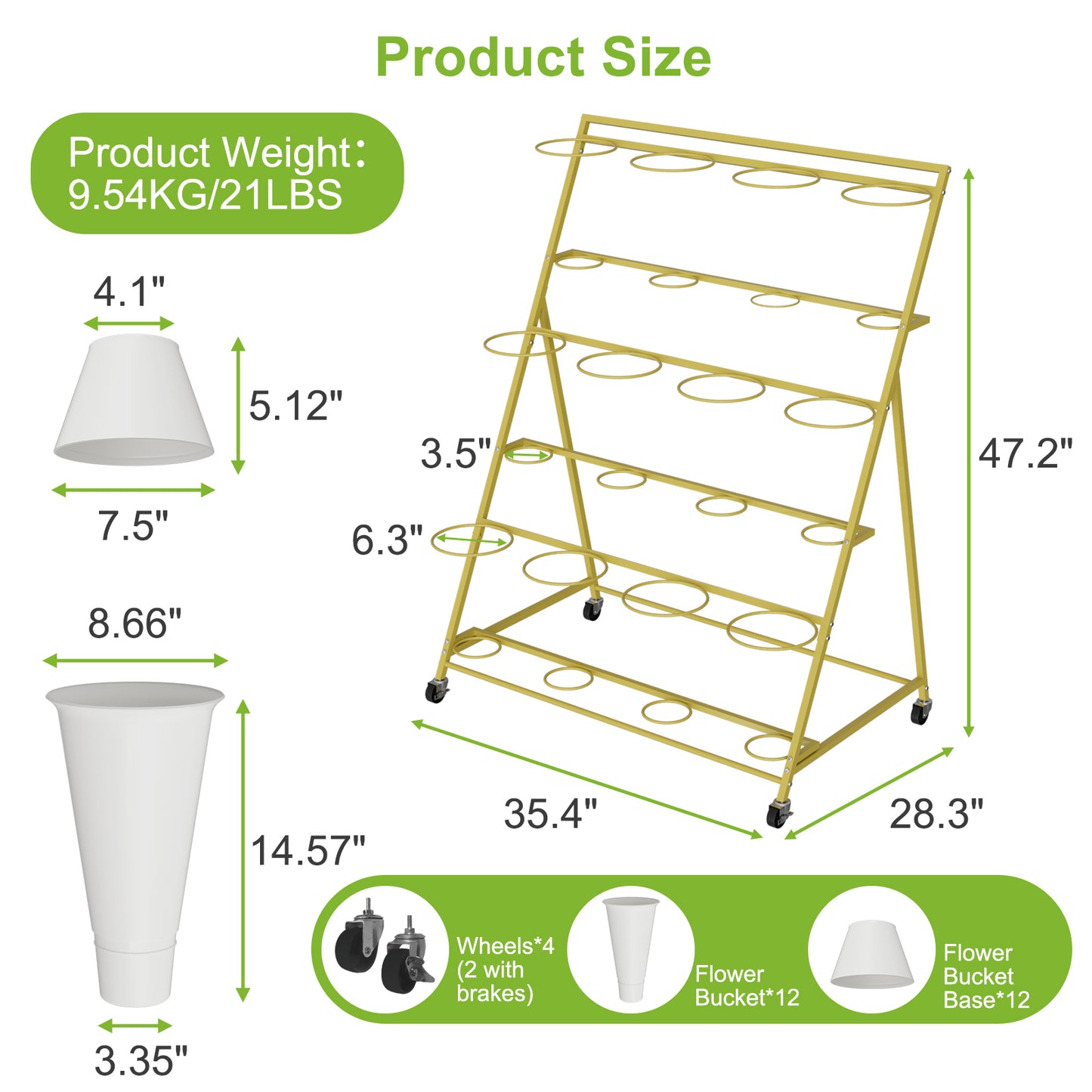 Flower Stand, 3 Tier Flower Display Stand with 12 Buckets, Upgrade Double Circle No Shaking, Outdoor Flower Cart with Wheels for Patio, Garden, Shop, Wedding, Party, Exhibition, Indoor, Gold