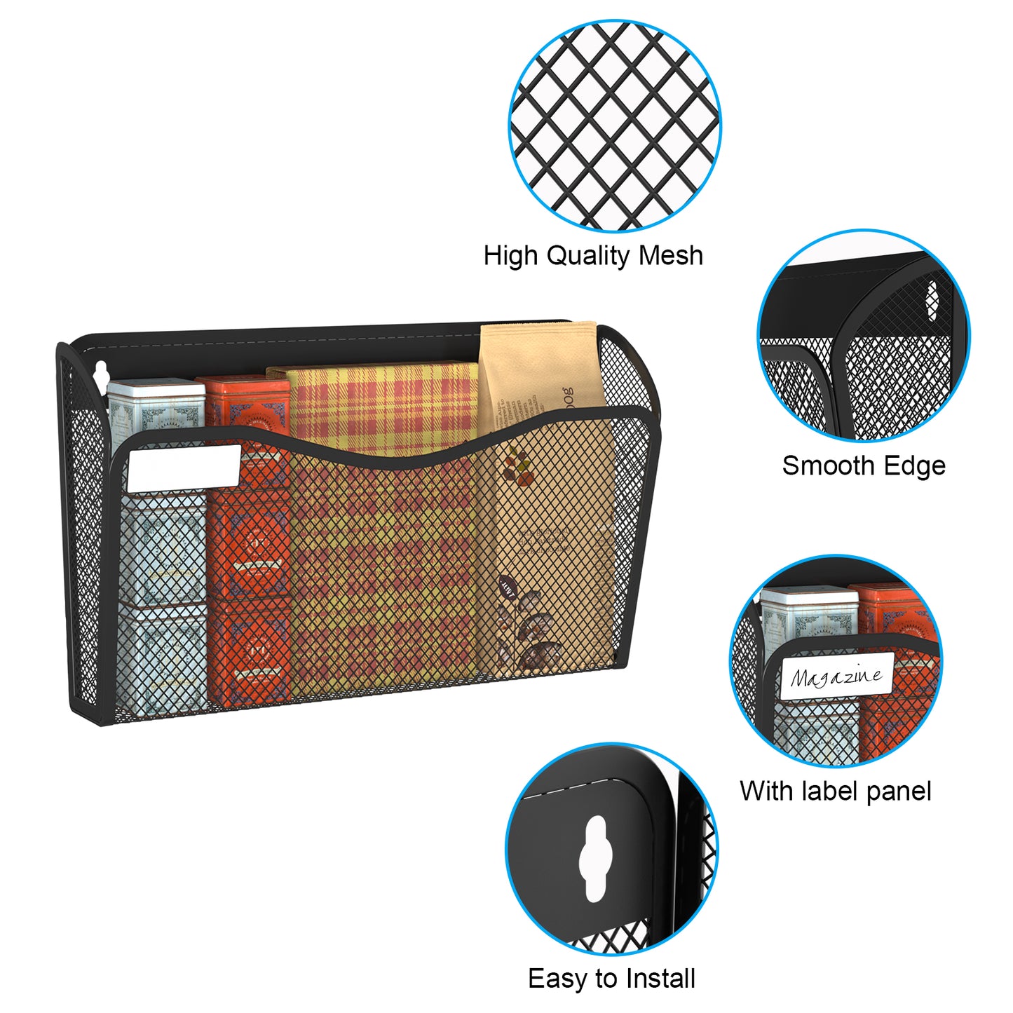 BOHDK Wall File Organizer, Mesh Hanging File Organizer, Home Office Organization and Storage, 6 Single Pockets Document Magazine Rack