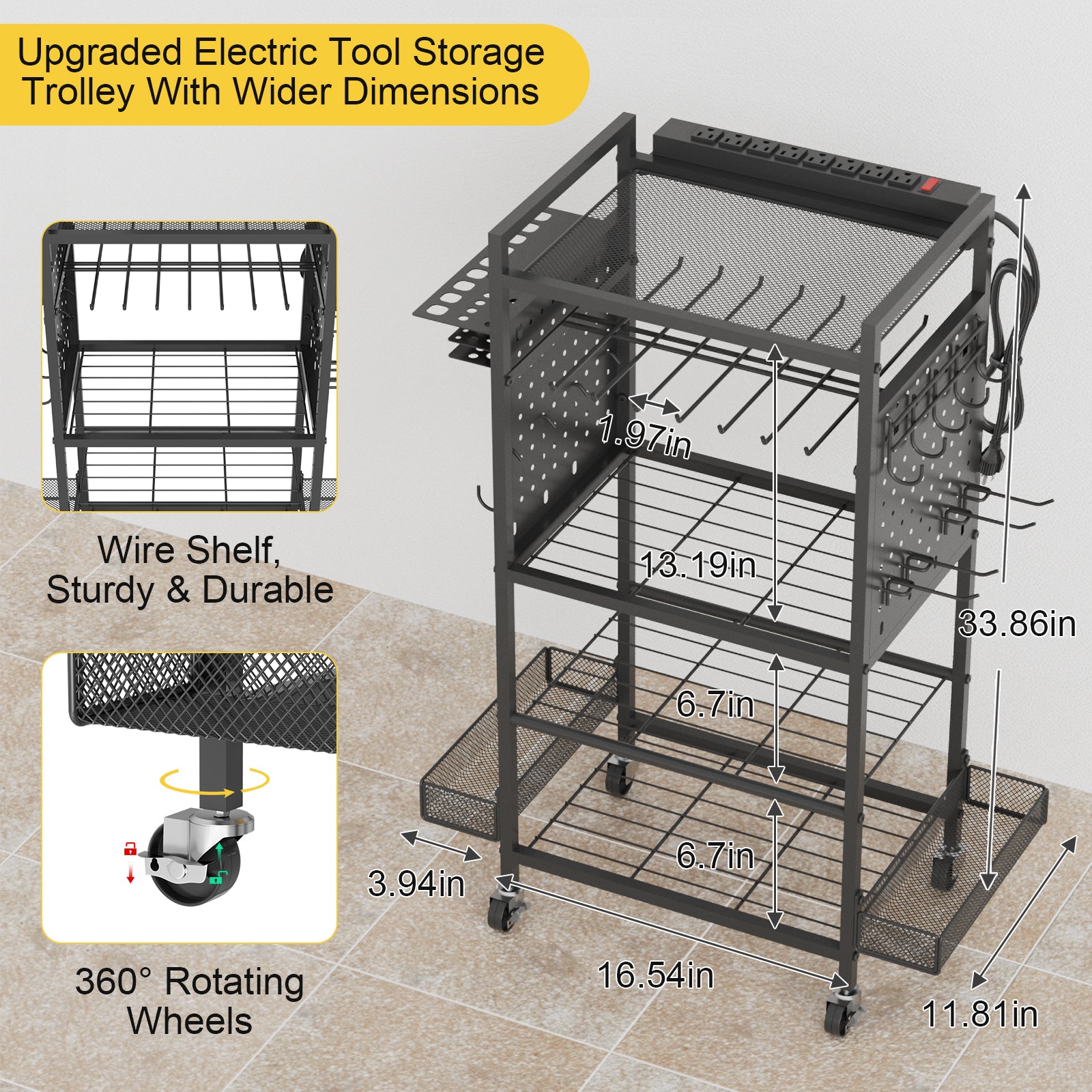 Power Tool Organizer Cart with Charging Station, Heavy Duty Garage Tool Organizer Rolling Tool Battery Storage (Black, 4.9FT Cord)