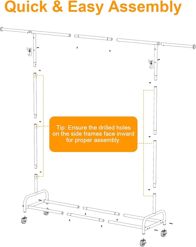 NEYCIL Standard Clothing Garment Rack with Wheels, 47.05" to 65.94" Adjustable Chrome Clothes Rack for Hanging Clothes, Portable Rolling Clothing Rack with Lockable Casters for Bedroom, Laundry Room