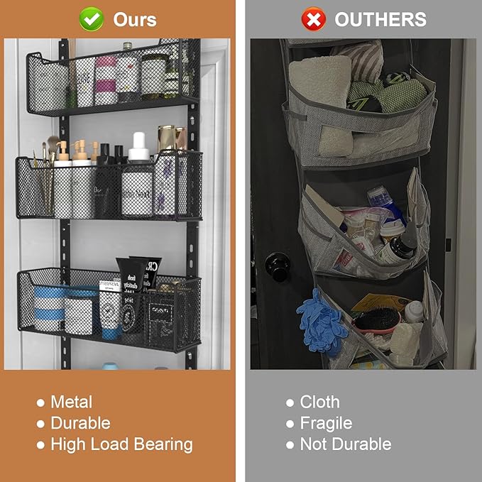 VyGrow Over The Door Organizer, Metal Door Organizer Hanging with 5 Adjustable Baskets and Coat Hook, Behind The Door Storage for Bedroom Closet Bathroom Pantry Cabinet Kitchen, Black