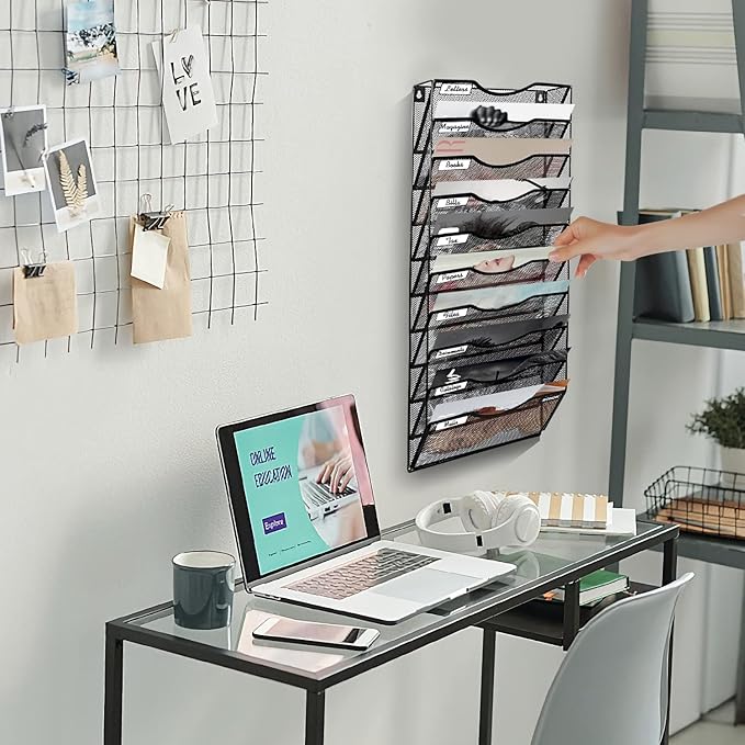BOHDK Wall File Organizer, 10 Tire Hanging File Folder Mail Organizer, Vertical Mesh Metal Door/Wall Mount Hanging File Holder, Paper Document Magazine Rack with Hooks for Home Office Black
