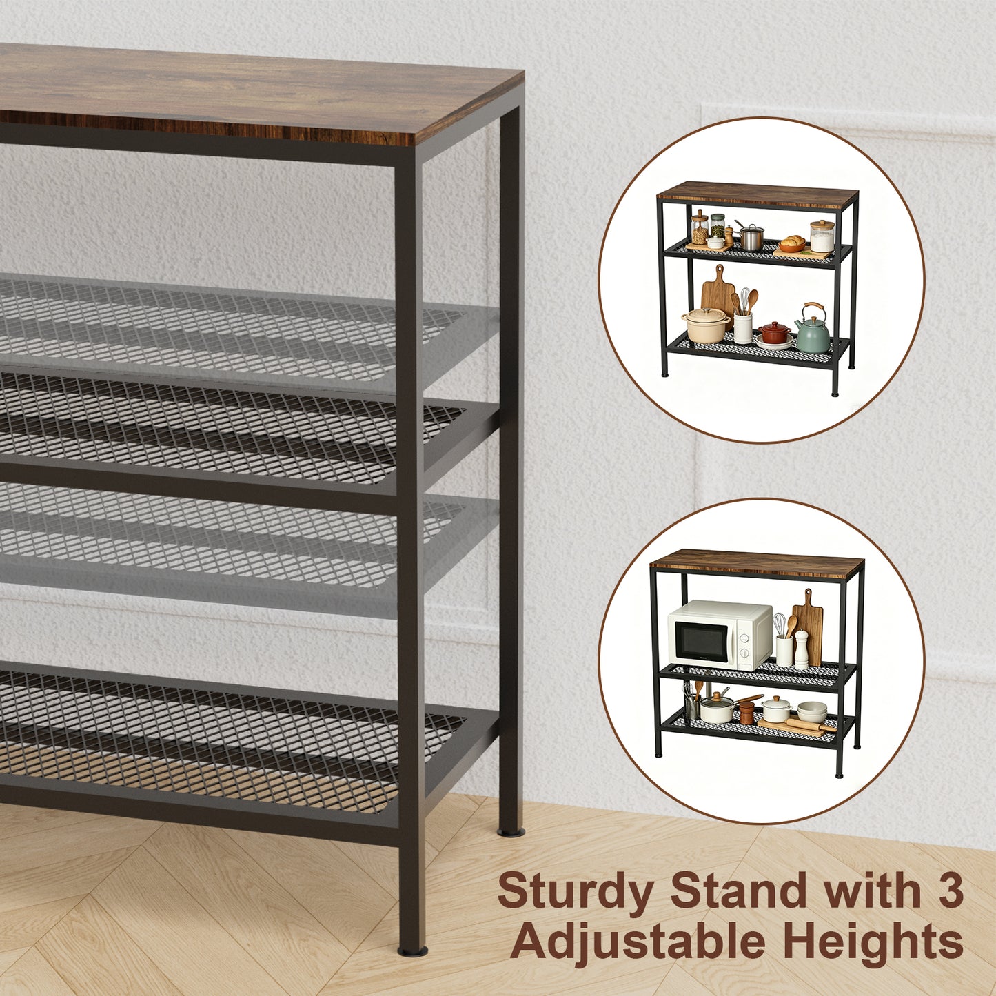 Kitchen Island with 3 Tier Storage, Height-Adjustable Kitchen Shelf, Microwave Stand for Dining, Sturdy Metal Frame, 30.7" L x 13.77" D x 31.51" H,Rustic Brown and Black