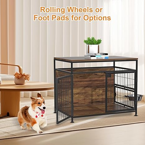 VyGrow Dog Crate Furniture with Wheels, 31" Heavy Duty Wooden Side End Table, Indoor Dog Kennel Furniture for Small/Medium Dog, Double Doors & 360 Degree Rotating Stainless Bowl 31" Lx21.6 Wx27.5 H
