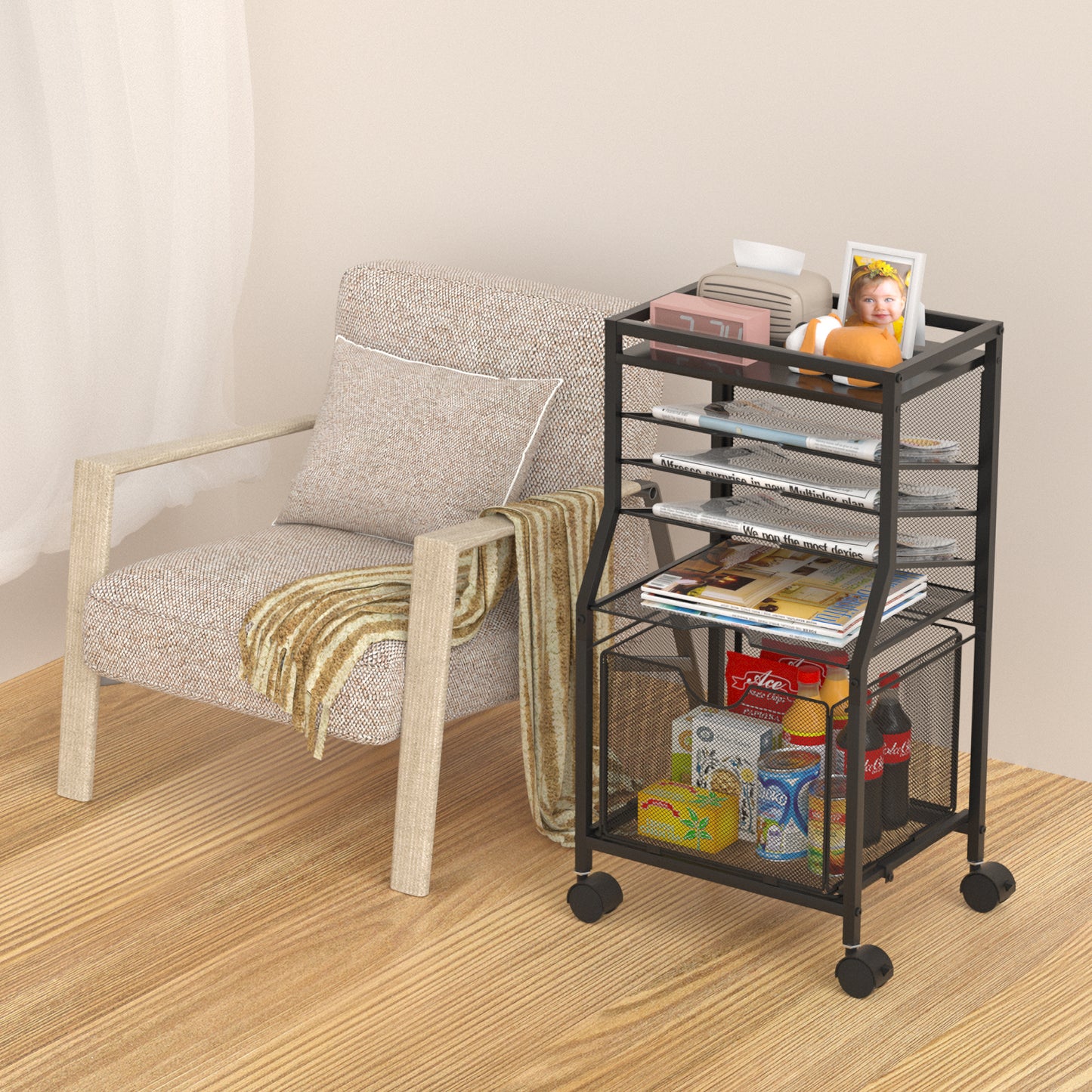 BOHDK Rolling File Cart, 6-Tier Desk File Organizer on Lockable Wheels, Black Wood Planks & Mesh Sliding Hanging Folder Drawer, Organization Cart for Office Home School