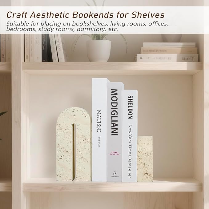 Book Ends for Shelves, Heavy Duty Decorative Bookends, Retro Arch Book Holder for Heavy Books, Imitation Travertine Book Stopper for Home Decor, Study, Bookshelf, Desktop, Set of Two