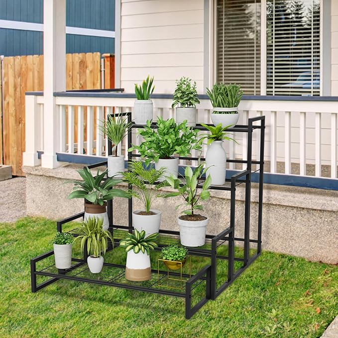 VyGrow Plant Stand, 4 Tier Stackable Tiered Plant Stand, Scalable Heavy Duty Tall Plant Shelf for Indoor Outdoor, Garden, Display Shelves, Flower Pot Holder, Blacken, Display Shelves, Flower Pot Holder, Black