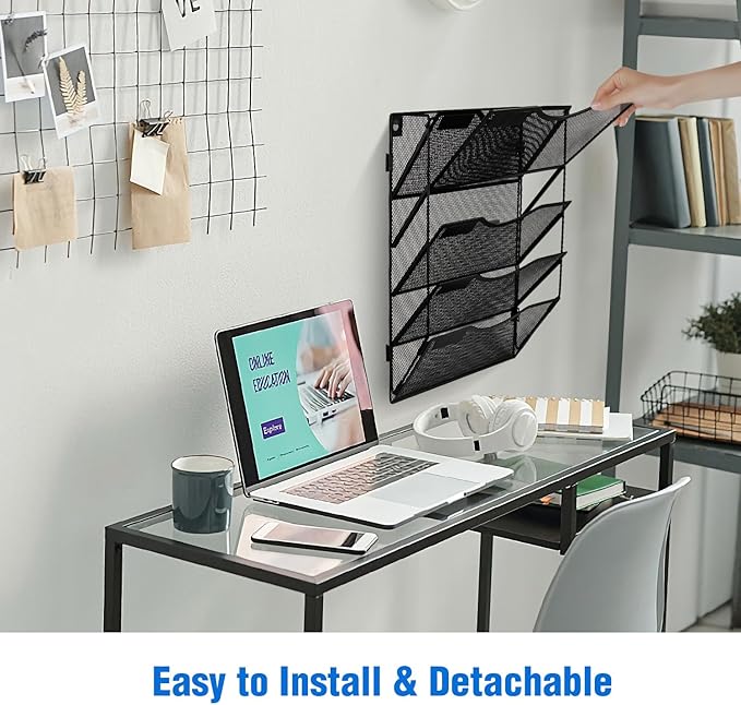 BOHDK Wall File Organizer 3 Pockets, Mail Organizer, Hanging Folder Holder, Foldable | Hanging or Wall Mounted | Label Panel | 2 Hooks | Office Home School Organizer, Black