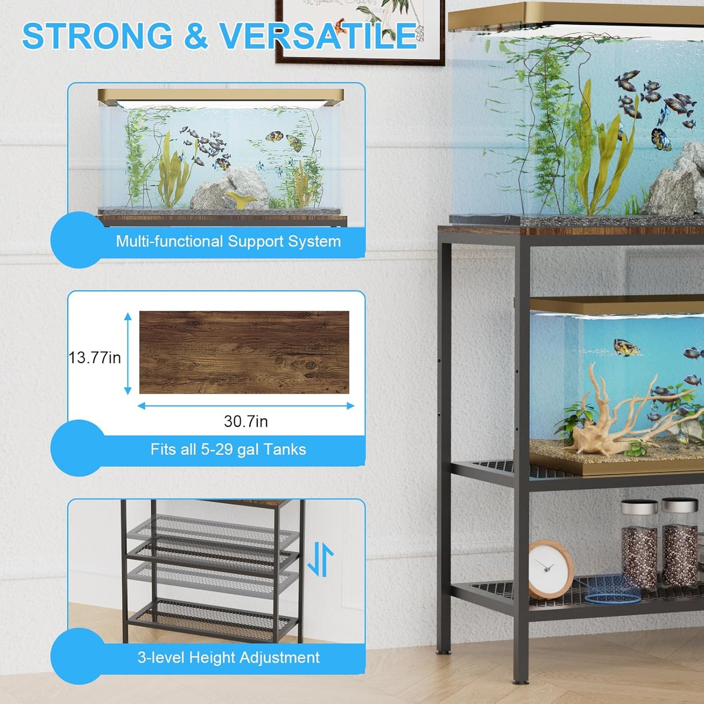 VANVERB 20-29 Gallon Fish Tank Stand, Long Aquarium Stand with 3-Tier Storage Shelves, Heavy Duty Turtle Reptile Breeder Terrarium Stand Rack Plant Stand, Load 350lbs, 30.7" L x 13.77" D x 31.51" H, Black