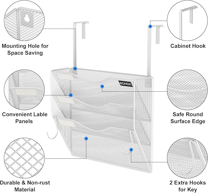 BOHDK Wall File Organizer, 3 Tire Hanging File Folder Mail Organizer, Vertical Mesh Metal Door/Wall Mount Hanging File Organizer, Paper Document Magazine Rack with Hooks for Home Office White