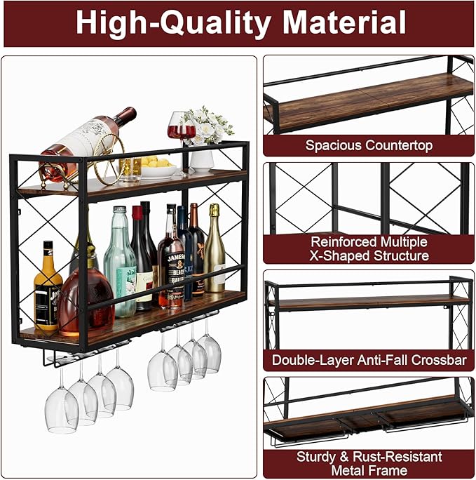 NEYCIL Wine Rack Wall Mounted 2 Tier Wall Wine Rack with Glass Holder, Double Layer Anti-Drop Crossbar, 31.5" Metal Wood Wall Mount Wine Holder for Home Kitchen Dining Room Coffee Shop Bar, Black