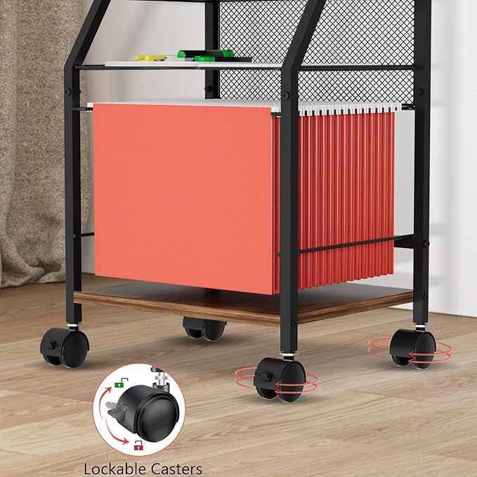 BOHDK Rolling File Cart, 6-Tier Under Desk Organizer on Lockable Wheels, Brown Wood Planks & Mesh File Cart with Hanging File Folders Rack and Paper Trays for Office Home, 14.7" L x 11.8" D x 27.5" H