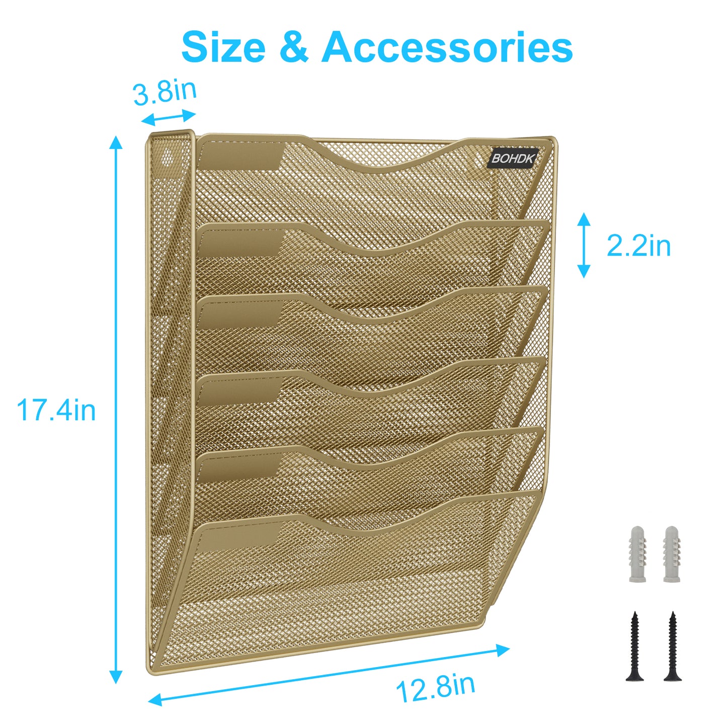 Wall File Organizer, Hanging File Folder Mail Organizer, Vertical Mesh Metal Door/Wall Mount Hanging File Holder, Paper Document Magazine Rack with Hooks for Home Office (6 Tier Gold)