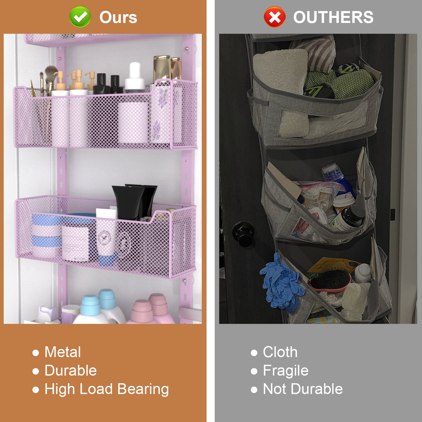 VyGrow Over The Door Organizer, Metal Door Organizer Hanging with 5 Adjustable Baskets and Coat Hook, Behind The Door Storage for Bedroom Closet Bathroom Pantry Cabinet Kitchen, Purple