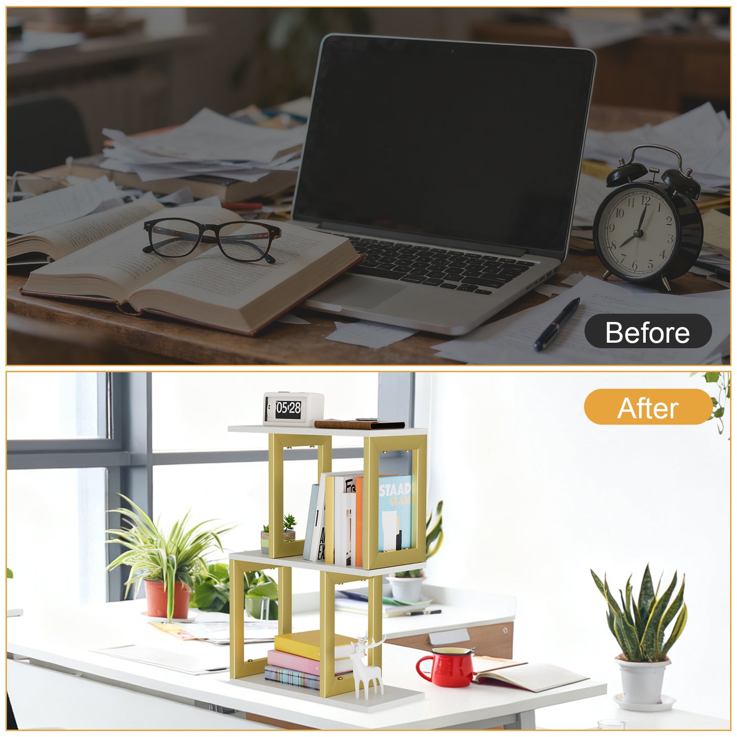 Book Shelf, 3-Tier Small Bookshelf for Desk Organizer Corner Bookshelf Table Top Shelving, White & Gold Decor Aesthetic Desk Hutch for Office Home Dorm