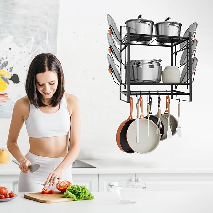 VyGrow 17 Inch Pot Rack Wall Mounted, 2 Tier Pots and Pans Organizer with 10 Hooks and 6 Pot Lid Holders, Heavy Duty Steel Pot and Pan Hanger for Kitchen Cookware Utensils Storage 24