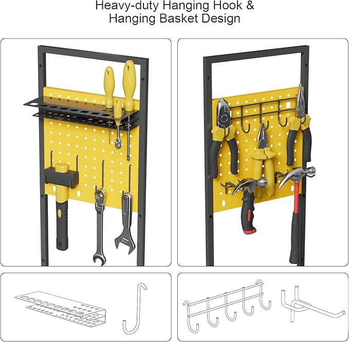 NEYCIL Power Tool Organizer Cart with Charging Station, Heavy Duty Garage Tool Organizer Rolling Tool Battery Storage with 8-Outlet Power Strip, 4 Wheels, 2 Hanging Baskets, 8 Hooks, Drill Bit Holder, Yellow