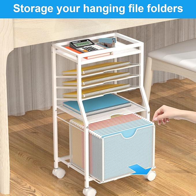 BOHDK Rolling File Cart, 6-Tier Desk File Organizer on Lockable Wheels, White Wood Planks & Mesh Sliding Hanging Folder Drawer, Organization Cart for Office Home School