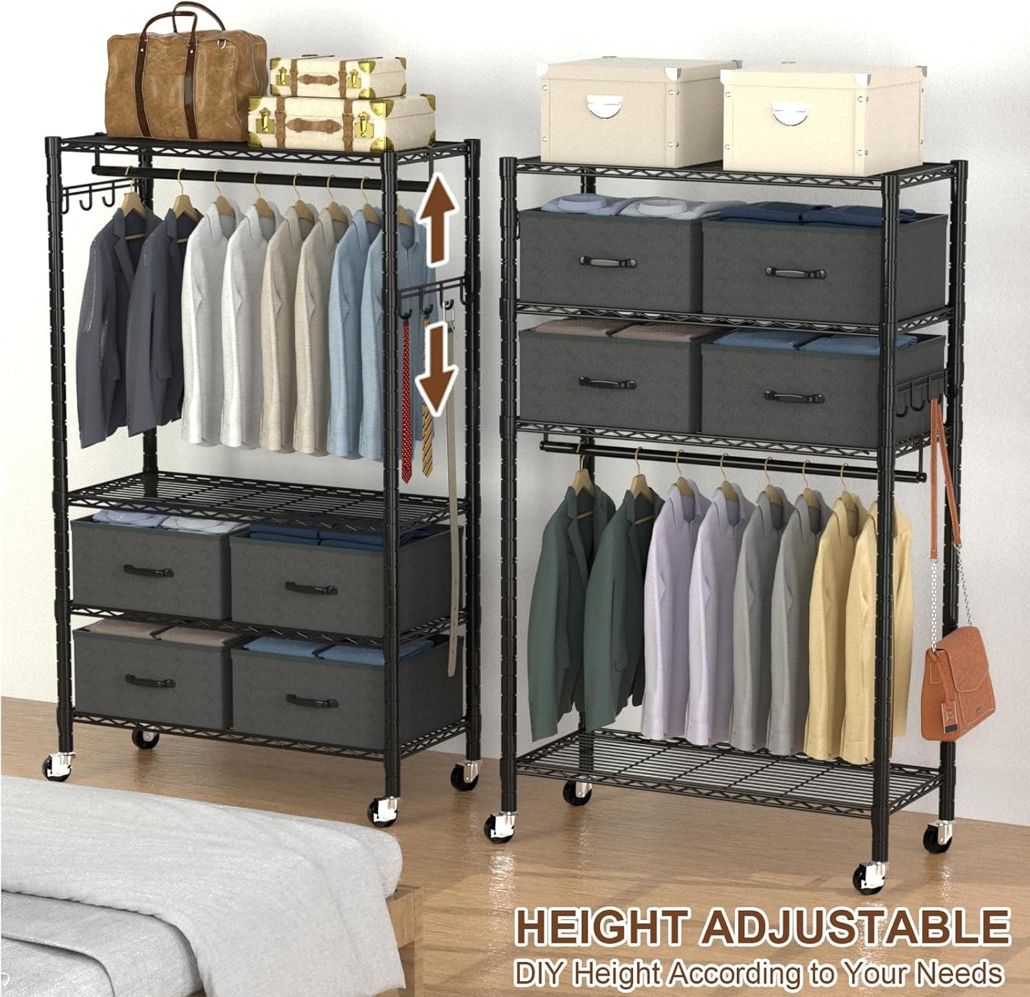 VyGrow Clothes Rack, Heavy Duty Clothing Rack for Hanging Clothes, 4-Tier Adjustable Closet Organizer with 4 Drawers | Hanging Rod | Side Hooks | Load 445lbs | 15.7" D x 35.4" W x 74.1" H